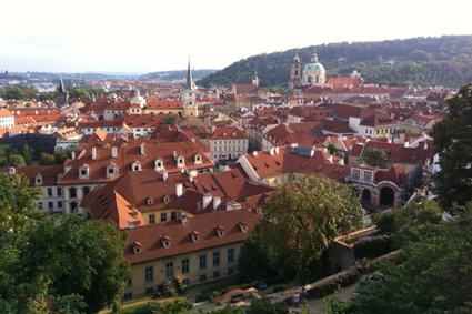 View of red rooftops on left bank of Prague