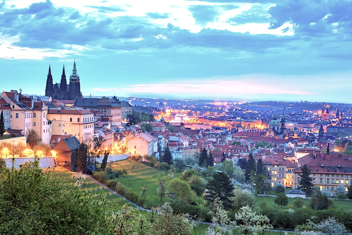 Prague Castle looking over sunset glow in Old Town Prague